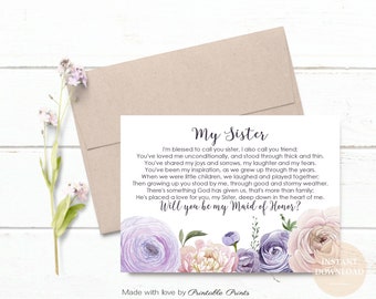 SISTER Will You Be My Maid of HONOR  Dusty LAVENDER Proposal Card Country Vintage Poem Sister Floral Printable Instant Download File