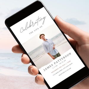 May include: A white and black digital memorial card with a photo of a man in a white shirt and a hat standing on a beach. The text reads "Celebrating the Life of James Patterson 1.7.60 - 10.11.24 November 3rd 2024 10AM 1212 Main Street, City State 98765 Reception to Follow".