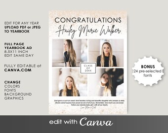 YEARBOOK AD Template Girls Full Page, CANVA Editable, High School Ad  2026 Tribute from Parents Senior Graduate Instant Download & Edit 4