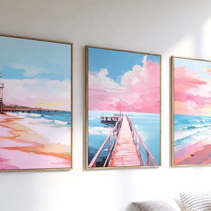 Juego de 3 pósteres playeros, arte de pared costero bohemio imprimible, decoración de casa de playa, apartamento moderno y elegante, temática oceánica, rosa y azul, descarga digital
