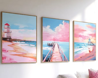 Beachy Poster Set, 3 Boho Coastal Wall Art Printable Prints Beach House Decor Preppy Trendy Apartment Ocean Theme Pink Blue Digital Download