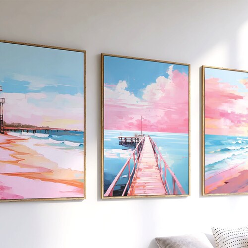 Zestaw plakatów plażowych, 3 boho nadmorskie wydruki ścienne do wydrukowania, wystrój domu na plaży, szykowny, modny apartament, motyw oceaniczny, różowy, niebieski, pobieranie cyfrowe