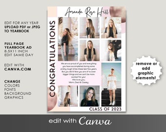 May include: A pink and white graduation announcement template with a photo collage of a young woman. The template features the text "Congratulations" in a black and white font, along with the text "Amanda Rose Hill" and "Class of 2023".
