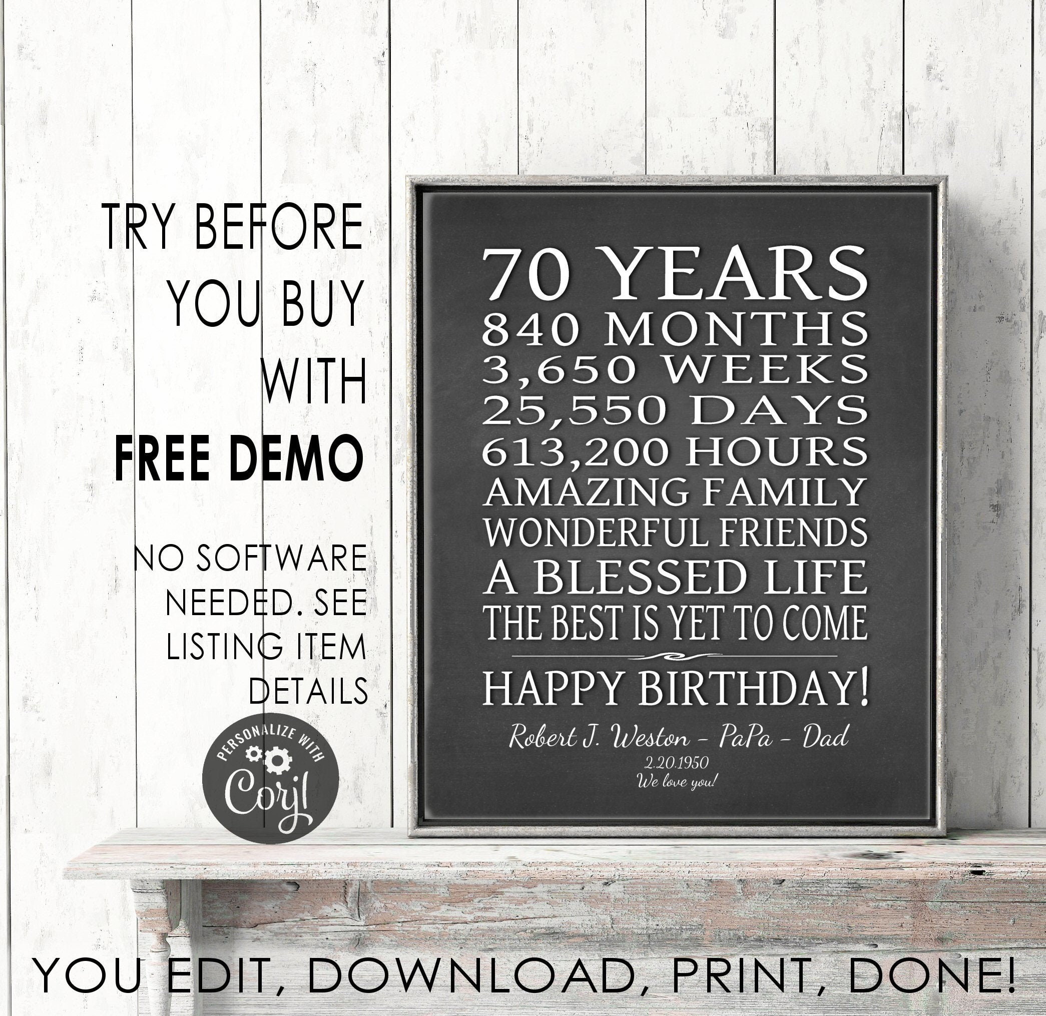 70th BIRTHDAY SIGN Editable Downloadable Printable Print - Etsy Australia