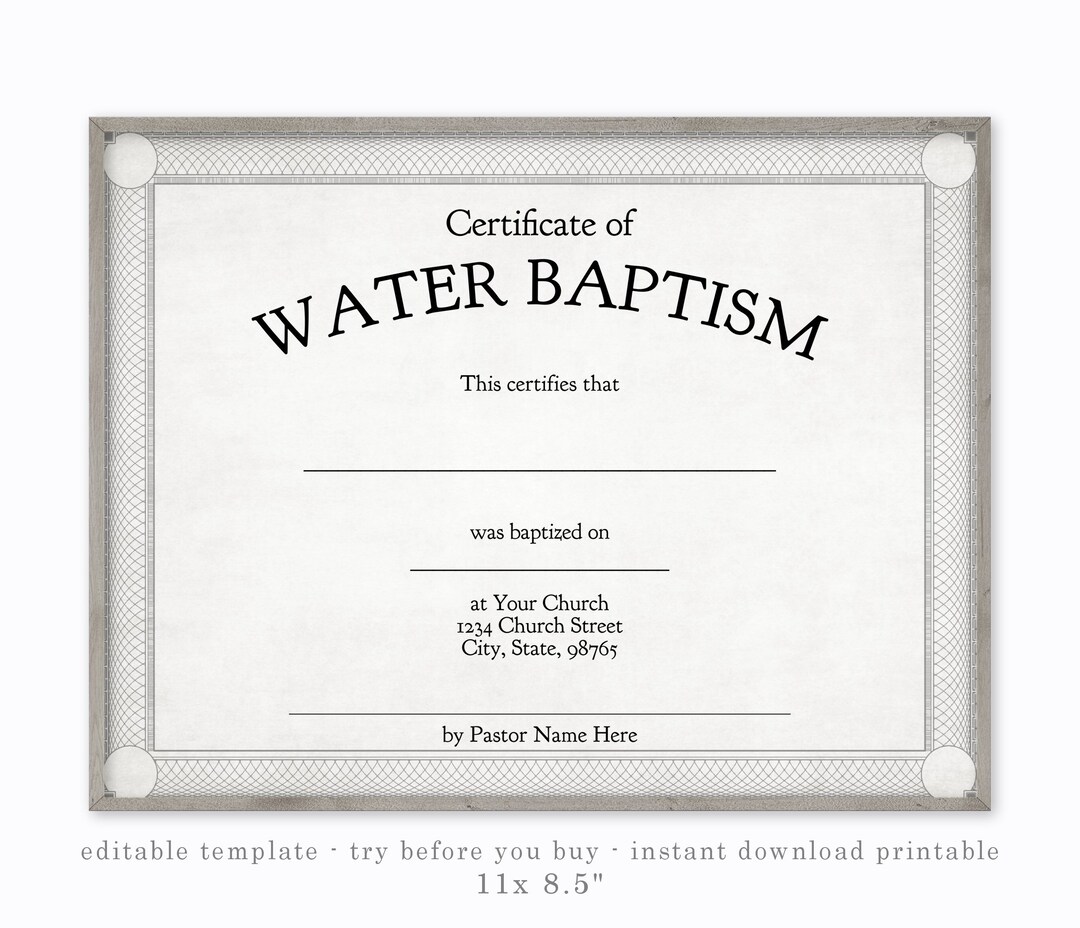 Baptism Certificate, Printable Blank, Editable Template, Classic Style