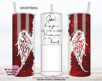 Memorial Personalized Photo Tumbler Sublimation Wrap, In Loving Memory Skinny  Galaxy Red , Angel Wings 20oz Straight Tapered png