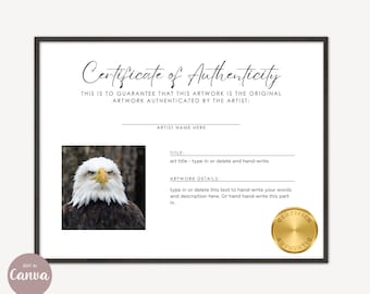 Certificate of Authenticity CANVA Template, Minimalist Black and White Editable for Artists Art,  Instant Download Add your Artwork Photo