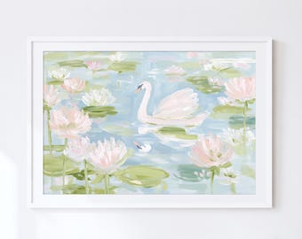 Pink Swan Wall Art, Pastel Water Lily Printable Print, Blush Blue Nursery Decor, Baby Nursery, Girls Room, Pond Painting, Instant Download