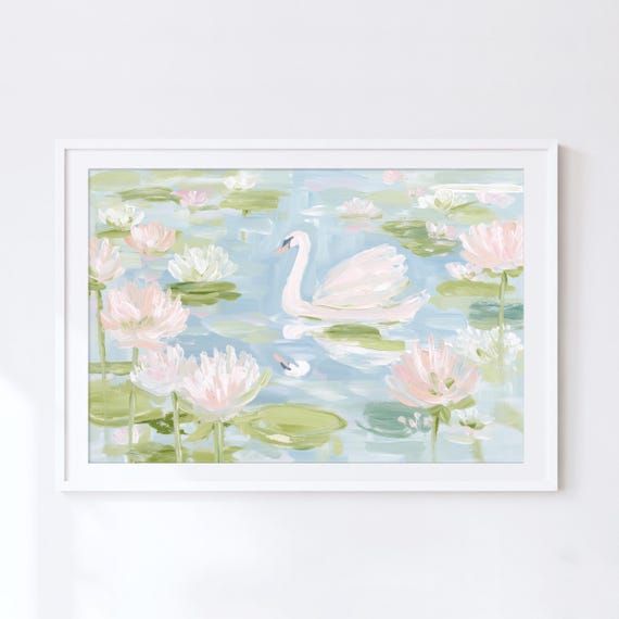 Pink Swan Wall Art, Pastel Water Lily Printable Print, Blush Blue Nursery Decor, Baby Nursery, Girls Room, Pond Painting, Instant Download