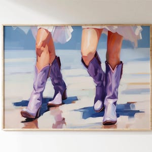 Cowboy Boots druckbare Kunst, Poster Lavendel Stiefel Druck, trendige Wohnheim Zimmer Wand Kunst, Strand digitaler Download, über dem Bett Kunst lila