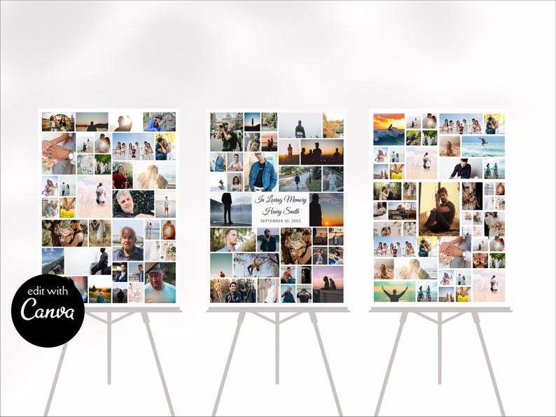 Collage poster canvas sjabloon afdrukbare set van 3, foto's toevoegen, welkomstbord, gedenkteken, viering van het leven, gepersonaliseerde posterafdruk afbeelding 2