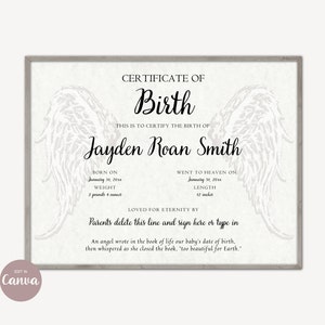 Verlies van baby certificaat van leven sjabloon bewerken met CANVA, doodgeboren miskraam pasgeborene of baby dood sympathie cadeau voor ouders aandenken