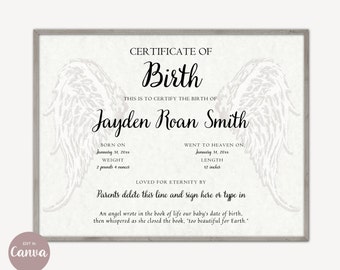 Loss of Baby certificate of life template edit with CANVA, miscarriage stillborn newborn or infant death sympathy gift for parents keepsake