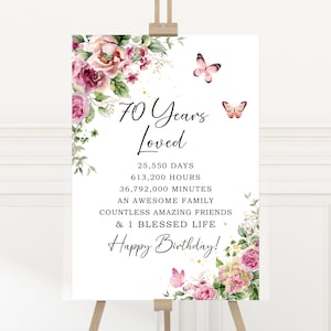 70e verjaardag poster 70 YEARS LOVED Happy Birthday Welkom bord bord afdrukbare afdruk cadeauformulier vrouwen bord, vlinders goud roze bloemen