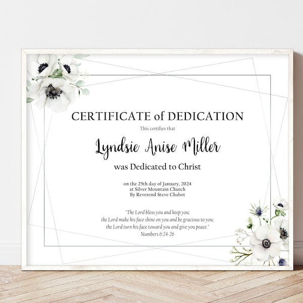 BABY DEDICATION CERTIFICATE, White Anemone Flowers, Editable Template, Printable Dedicated to Christ, Digital Download, Custom for Girl