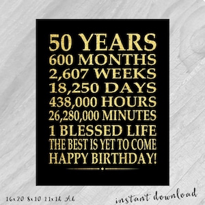 50th Birthday Sign Digital File Instant Download Birthday GOLD Poster 50 Year Birthday Gift Days Hours Minutes PRINTABLE A4 11X14 16X20 image 4