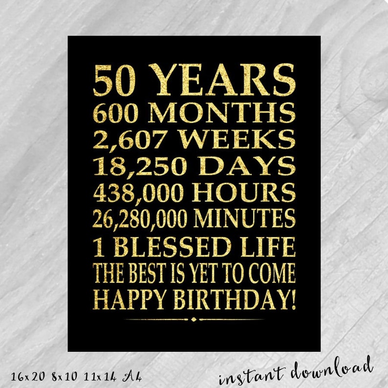 50th Birthday Sign Digital File Instant Download Birthday GOLD Poster 50 Year Birthday Gift Days Hours Minutes PRINTABLE A4 11X14 16X20 image 4