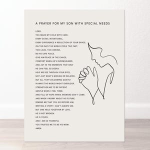 May include: A beige print with the text "A Prayer for My Son with Special Needs" and a line drawing of a praying figure. The prayer is written in black text and is a heartfelt message of hope and faith.