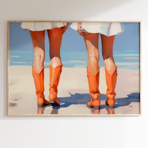 Póster imprimible de vaqueras costeras, botas naranjas de moda, decoración de pared vintage para dormitorio de chicas, descarga digital femenina con estética azul.