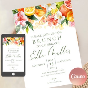 Afdrukbare uitnodigingssjabloon citrus, vrijgezellenfeest, verjaardagsbrunch, CANVA bewerkbare digitale kaart, bloemen oranje roze instant download