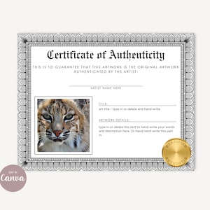 Printable Authenticity Certificate of Art, Canva Template Add PHOTO for Artists Certificate of Authenticity Document Editable Digital