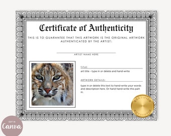 Printable Authenticity Certificate of Art, Canva Template Add PHOTO for Artists Certificate of Authenticity Document Editable Digital