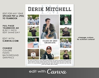 YEARBOOK Ad 2026 FULL Page Template, Edit with CANVA, Guys Editable Design Layout Add Photos Senior Grad High School  Graduate Middle