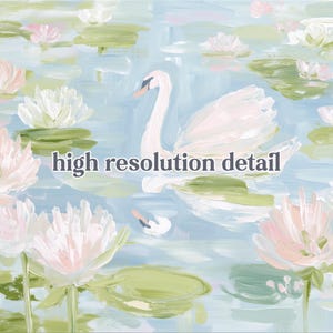 May include: A painting featuring a white swan swimming on a light blue pond surrounded by pink and white water lilies and green lily pads. The text high resolution detail is centered in dark gray letters over the swan and water surface.