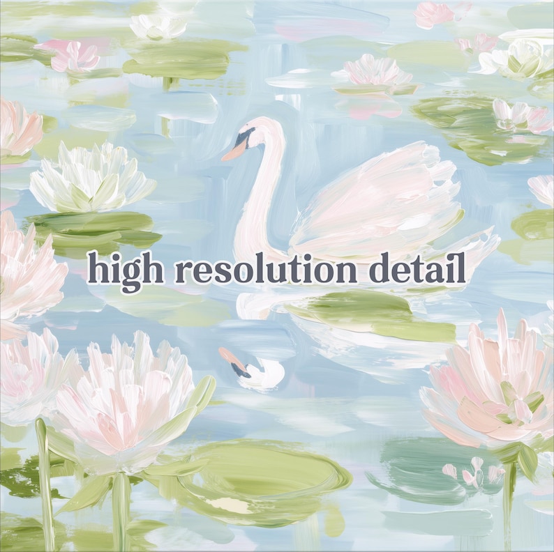 May include: A painting featuring a white swan swimming on a light blue pond surrounded by pink and white water lilies and green lily pads. The text high resolution detail is centered in dark gray letters over the swan and water surface.