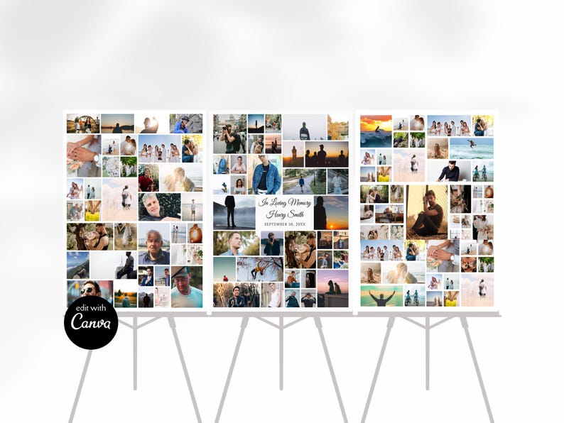 Collage poster canvas sjabloon afdrukbare set van 3, foto's toevoegen, welkomstbord, gedenkteken, viering van het leven, gepersonaliseerde posterafdruk afbeelding 1