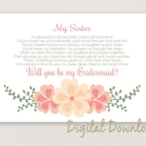 Sister Will You Be My BRIDESMAID Proposal Wedding Printable Coral and ...