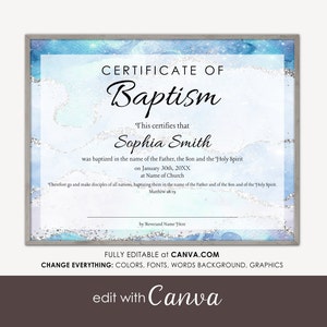 CERTIFICADO DE BAUTISMO Imprimible Editable en Canva, Certificado de Bautismo en Agua Descarga Digital Editable Plantillas de Ágata Azul y Plateada para Iglesias
