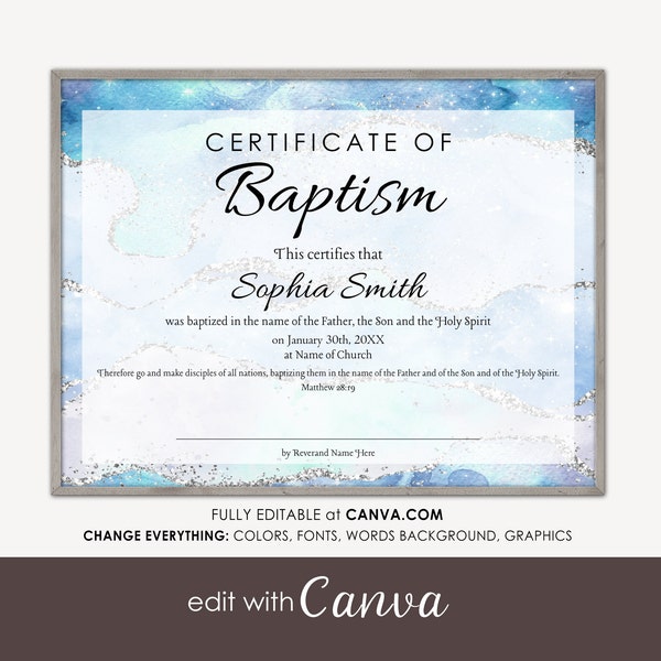 BAPTISM Printable CERTIFICATE Edit in Canva, Water Baptism Certification Editable Digital Download  Blue, Silver Agate for Church Templates