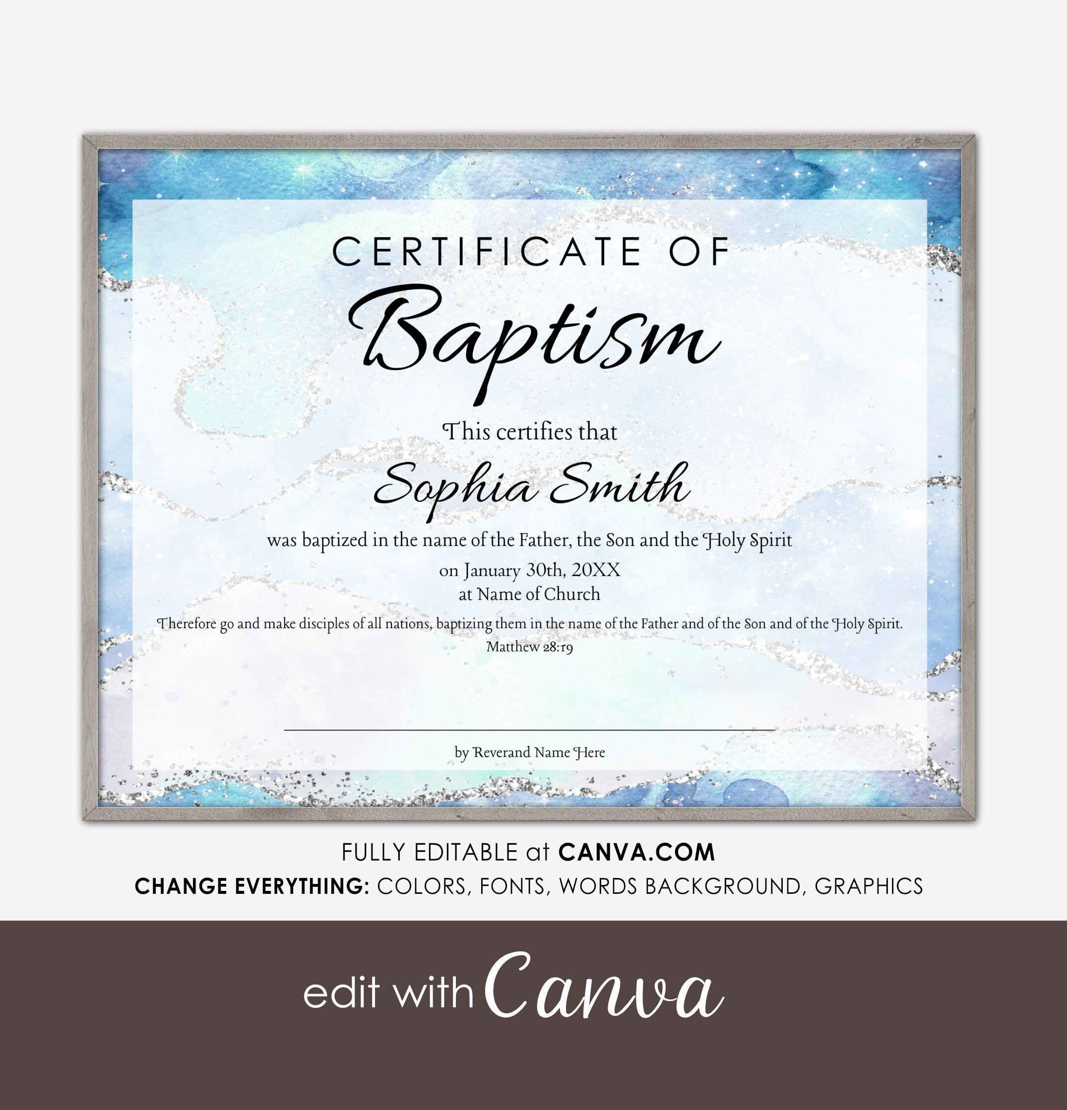 BAPTISM Printable CERTIFICATE Edit in Canva, Water Baptism Certification Editable Digital Download  Blue, Silver Agate for Church Templates