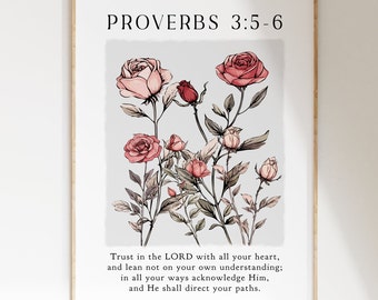 Scripture Printable Trust in The Lord, Proverbs 3 5 6  Poster Print, Coquette Vintage Aesthetic Roses Matisse Artwork, Christian Bible Verse