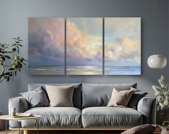 Cloud Set of 3 Sea Waves Printable Print, Relaxing Artwork, Digital Download or Printed Aesthetic Blue Pink, Vintage Seascape Painting