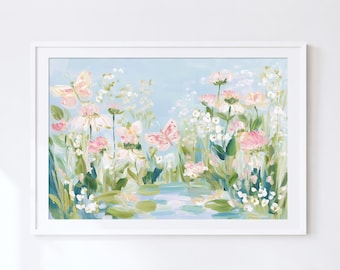 Butterfly Pond Lilies Wall Art, Printable Print, Digital Poster Impressionist Painting, Pastel Feminine Botanical Girls Room, Nursery