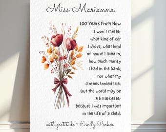 Printable Gift for Teacher, Card or Print, Editable Canva, Teacher Appreciation Personalized 100 Years from Now Instant Download Sentimental