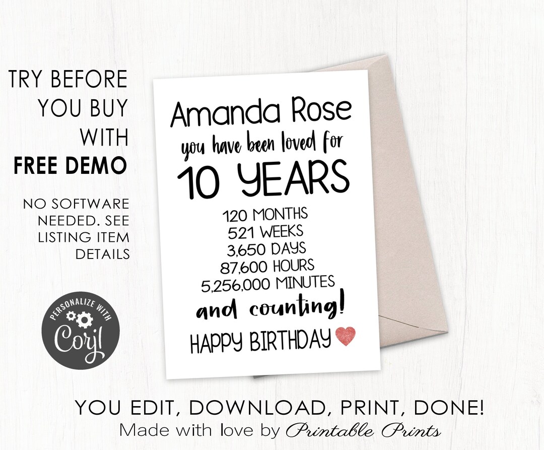 10th BIRTHDAY CARD, Printable, Instant Downloadable DIGITAL File ...