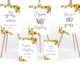 80th BIRTHDAY Decorations Printable Sign Boards Personalized Poster Kit Editable Template Instant Digital Download Sunflowers Gift Women