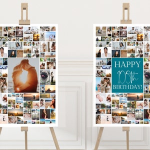 May include: A white poster with a collage of photos celebrating a 100th birthday. The poster has a teal square with the text "HAPPY 100th BIRTHDAY!" in white.