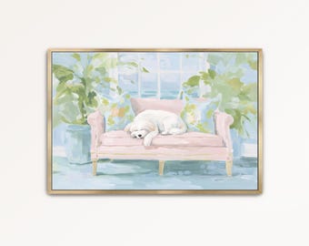 Dog Wall Art, Pink Sofa Printable Print, Whimsical Impressionist Pet Painting, Pastel Maltese Puppy Feminine Botanical Living Room Decor