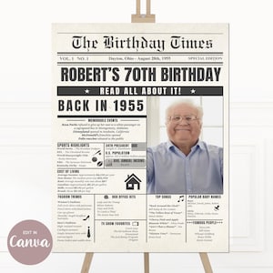 Letrero imprimible de periódico, año de nacimiento número 70, año de nacimiento 1955, plantilla de Canva editable, nombre personalizado y foto, descarga digital, impresión