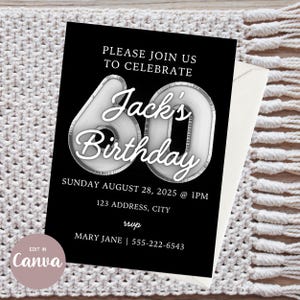 60TH BIRTHDAY Party Invitation, Editable Canva Template, Instant Download Invite Balloon number 5X7 Printable Card, 60 Years, Edit and Print