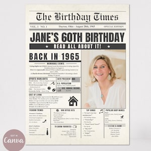60. Geburtstag Zeitung, Jahr, das Sie 1965 geboren wurden druckbare Druck, bearbeitbare Canva Vorlage, personalisierte Name Bild Digital Download Zeichen