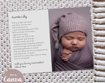 GODPARENTS PROPOSAL Gift, Personalized Printable add Photo, EDITABLE File in Canva Print or Card,  Will You Be My Godmother Sign Minimalist