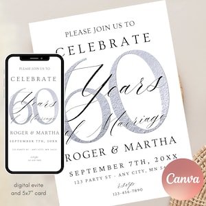 60-jähriges Jubiläum Einladung, CANVA bearbeitbare Vorlage Party einladen Evite Diamant 60-jährige Hochzeit Jahrestag Sofort-Download-Karte, Silber
