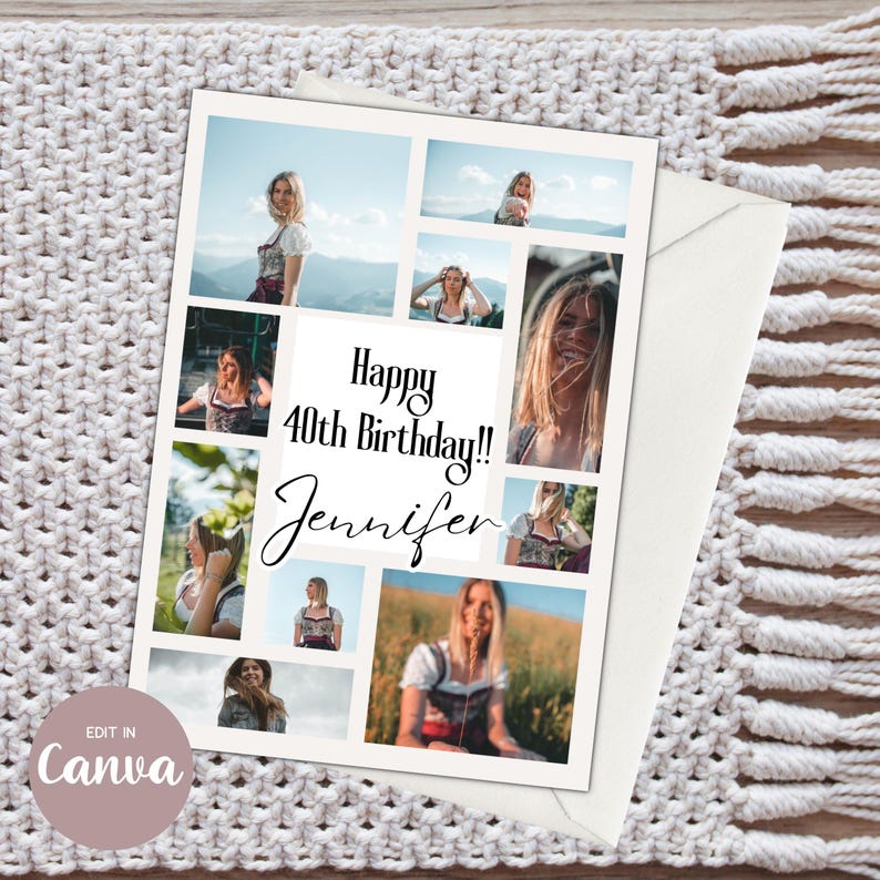 May include: A collage of photos of a woman in a white dress with a floral pattern. The photos are arranged in a grid with a white background. The text "Happy 40th Birthday!! Jennifer" is written in black cursive font on a white rectangle in the center of the collage.