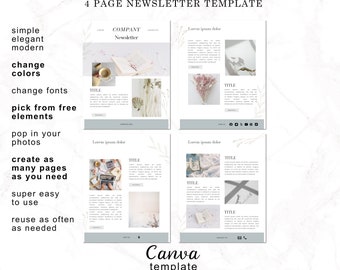 Canva Newsletter Template, Editable template 4 page simple elegant use for family, real estate, business you edit and print or send digital