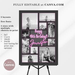 May include: A black and white photo collage with a pink neon design that says "Happy 40th Birthday!! Jennifer". The collage is made up of nine photos of a woman in different settings. The collage is on a black background and is framed with a white border.